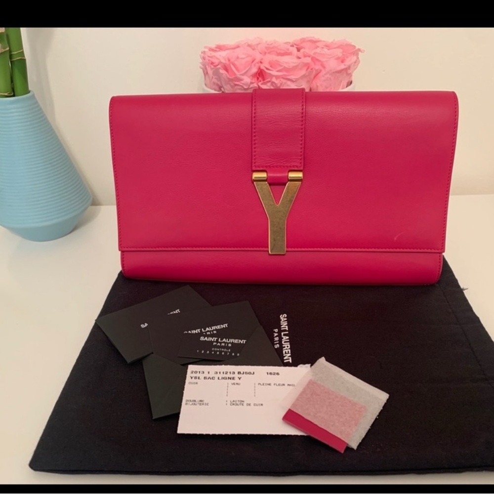 Yves Saint Laurent Pink Envelope Clutch with Gold Hardware